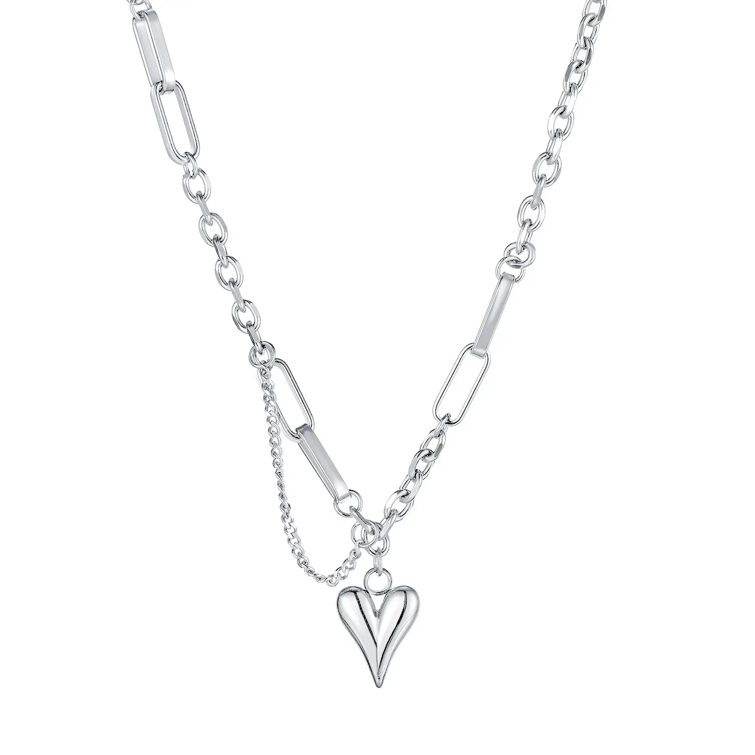 Náhrdelník z chirurgickej ocele, strieborná farba - väčšie oválne očká, úzke lesklé srdiečko