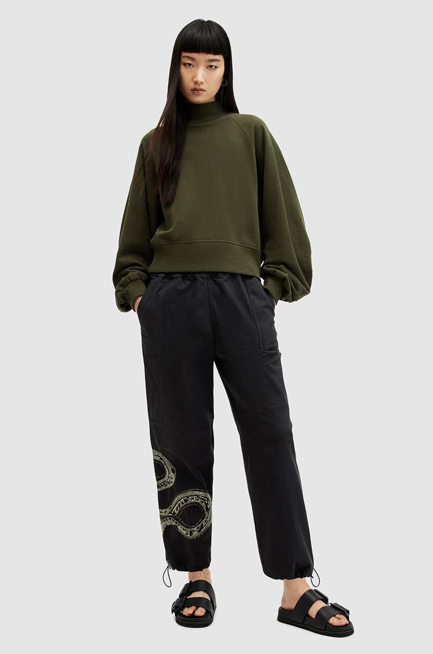 Bavlnené nohavice AllSaints YAS EMB TROUSER čierna farba, rovné, stredne vysoký pás, WP512Z