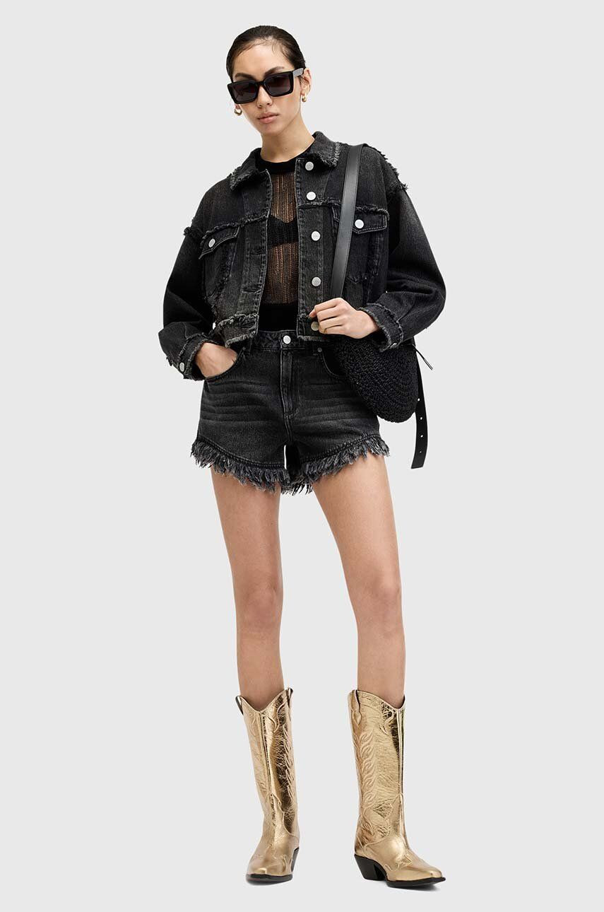 Bavlnené rifľové šortky AllSaints HAILEY DENIM SHORT čierna farba, jednofarebné, vysoký pás, W075EA