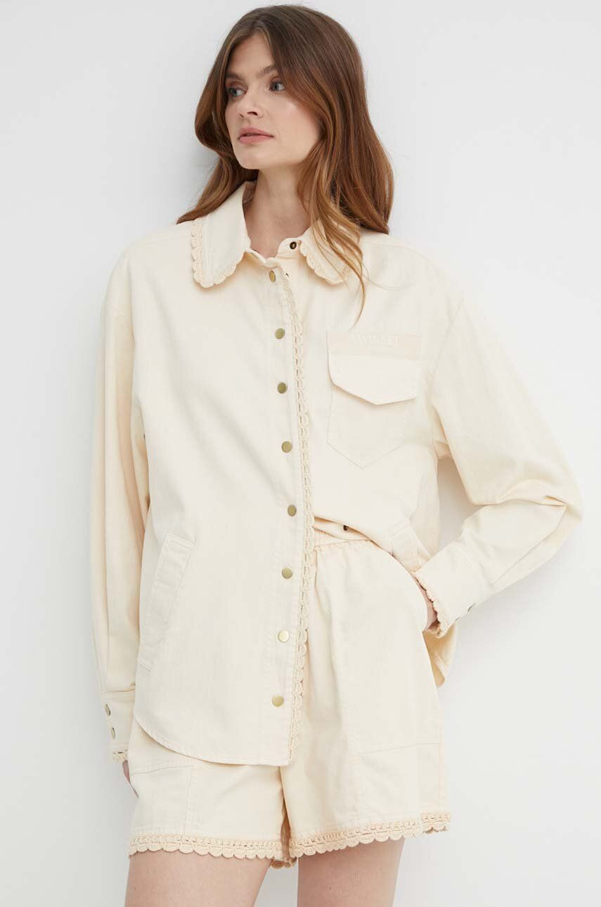 Košeľa s prímesou ľanu Twinset béžová farba, regular, s klasickým golierom