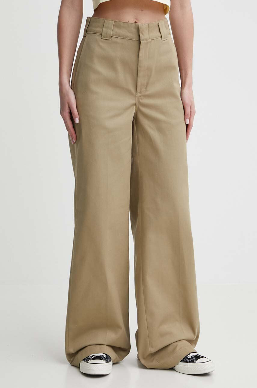 Nohavice Dickies WIDE LEG WORK PANT W dámske, zelená farba, široké, vysoký pás, DK0A4YSE