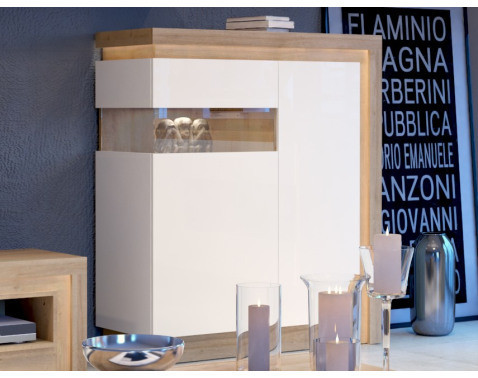 Skrika s presklením Lyon, dub riviera/biely  lesk, s osvetlením, ľavá%