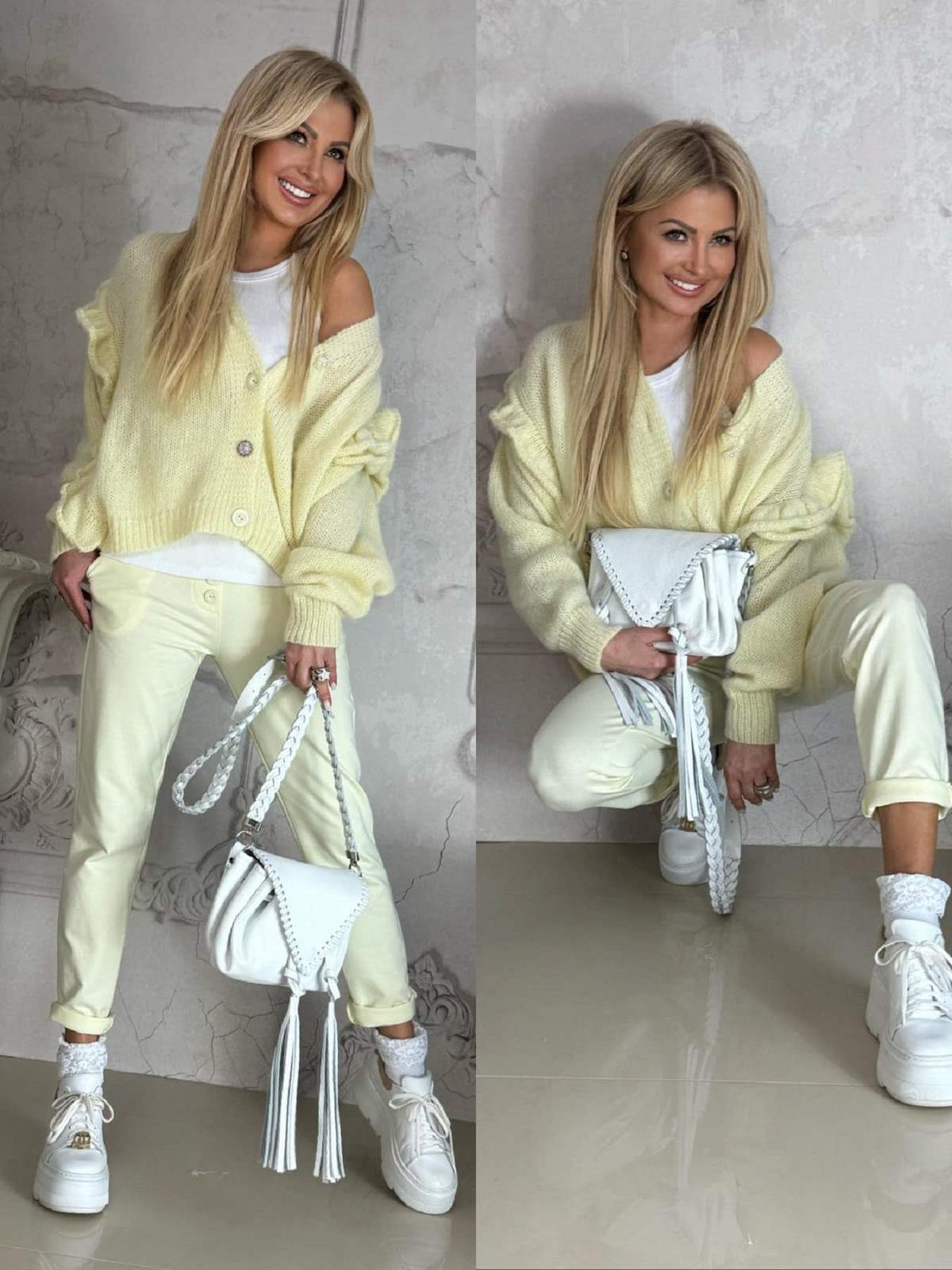 Yellow cardigan with frill on the sleeves By o la la