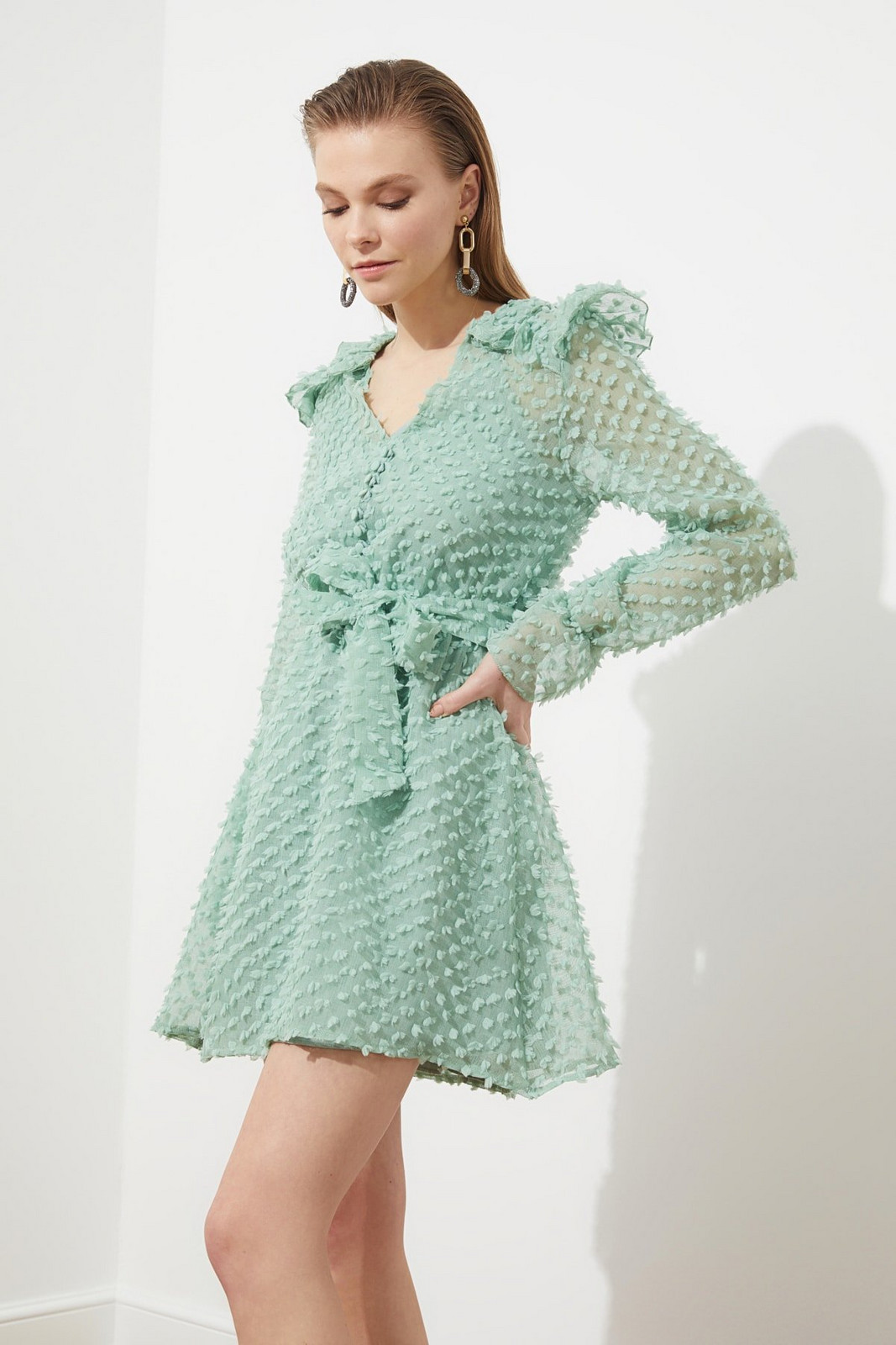 Trendyol Mint Three Dimensional Fabric Featured Dress