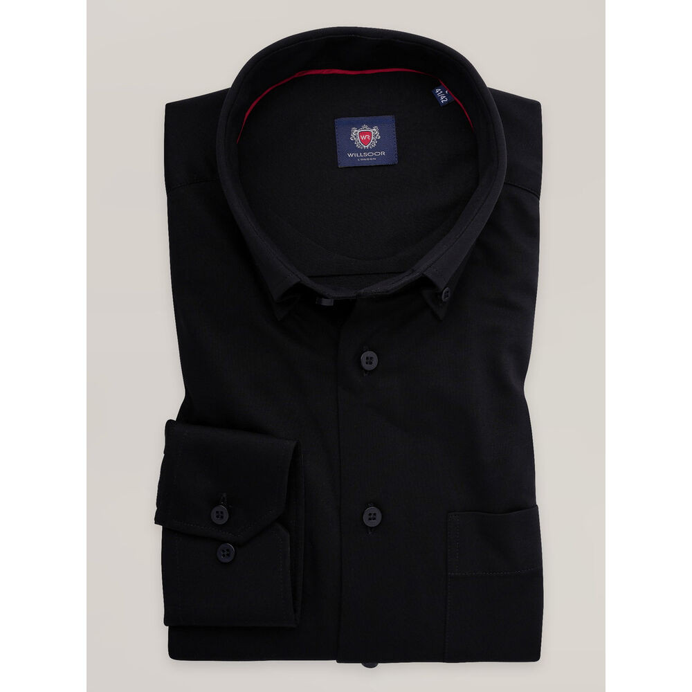 Pánska hladká čierna košeľa slim fit s golierom na gombíky 16815