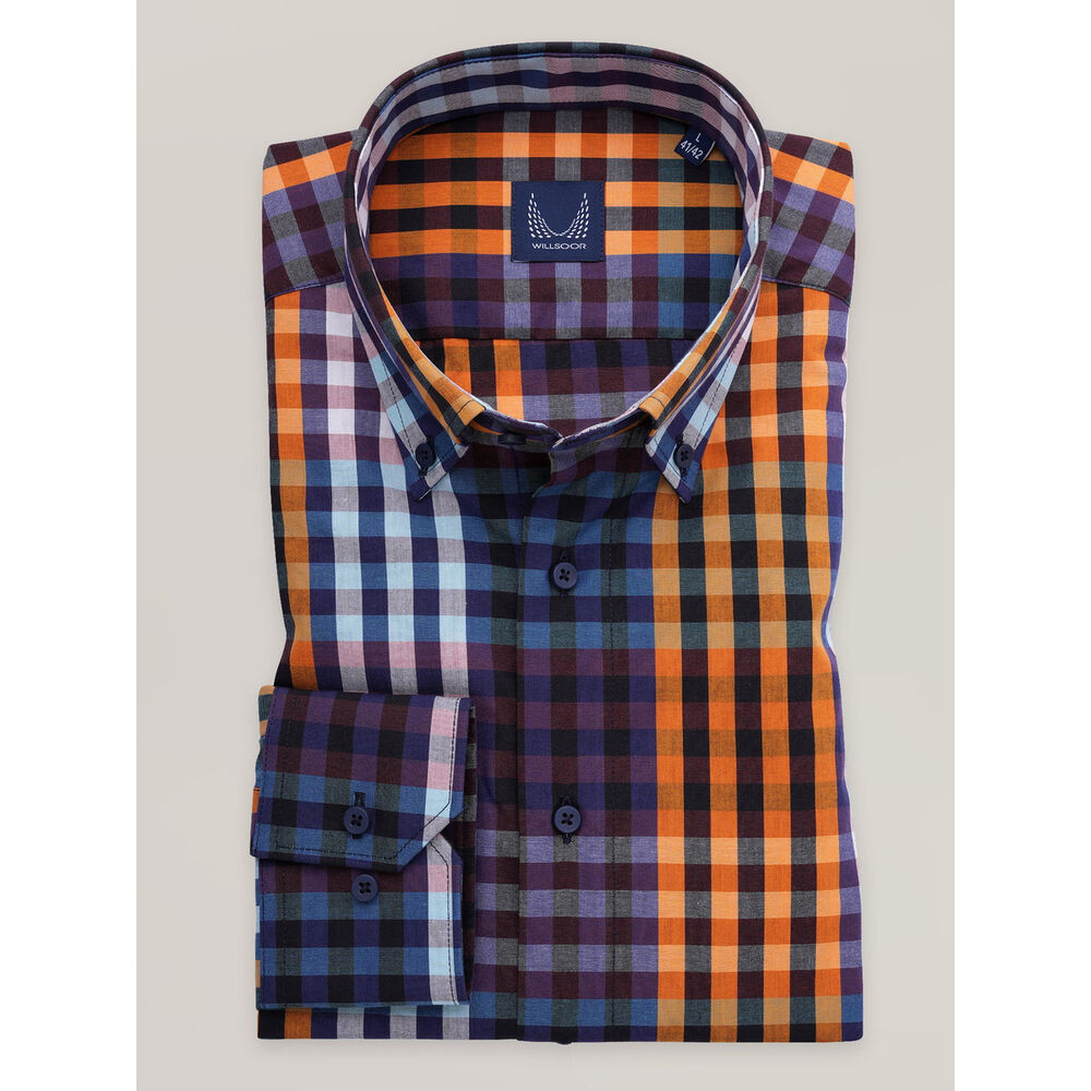 Pánska košeľa slim fit s modrým a oranžovým károvaným vzorom 16832