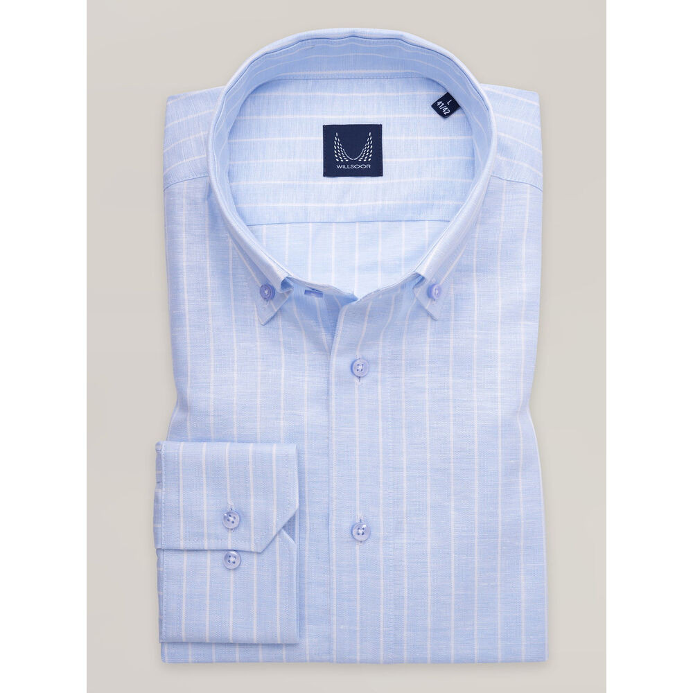 Pánska svetlomodrá pruhovaná košeľa slim fit s vysokým obsahom ľanu 16838