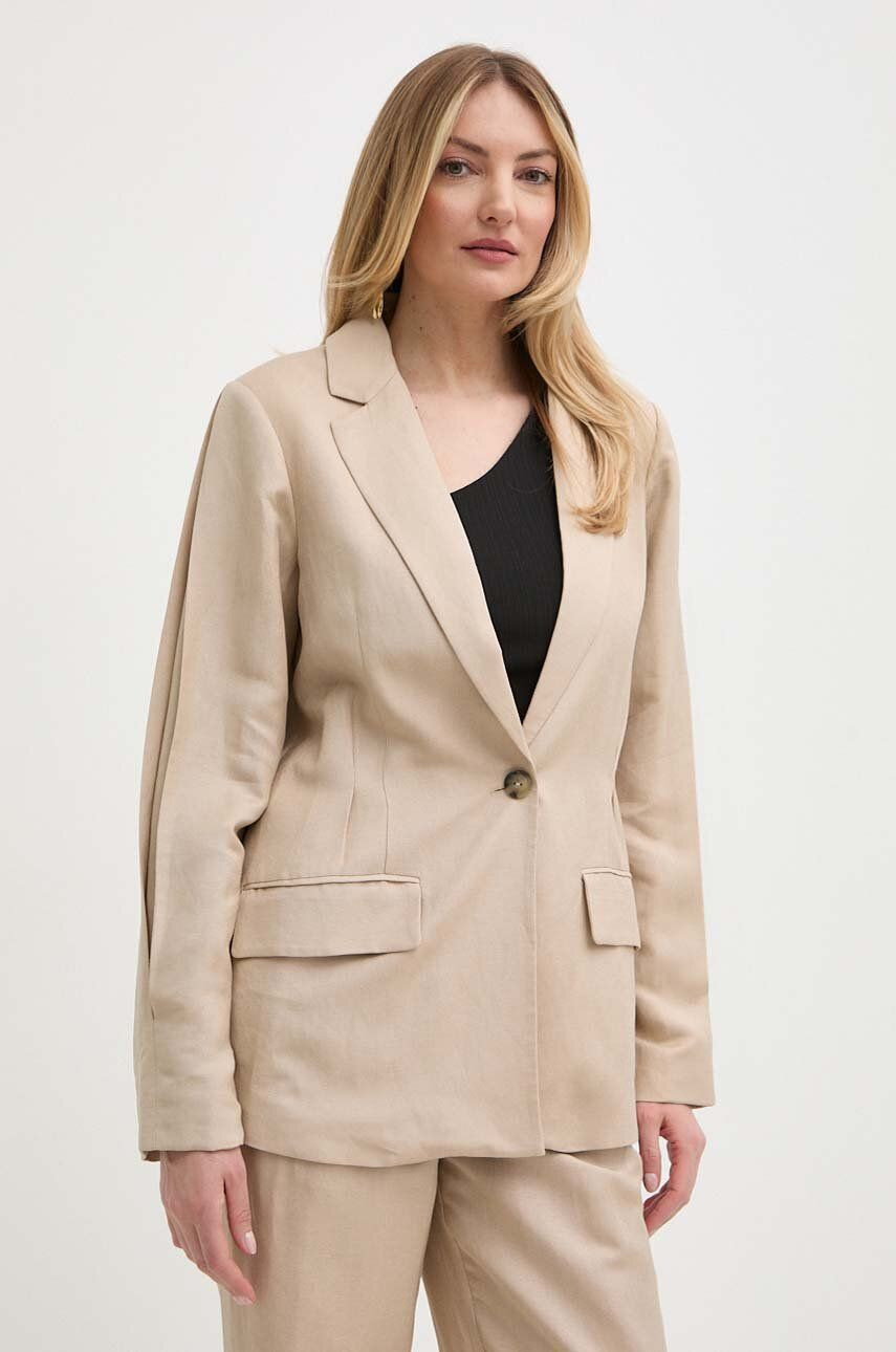 Ľanové sako Twinset béžová farba, oversize, jednofarebná