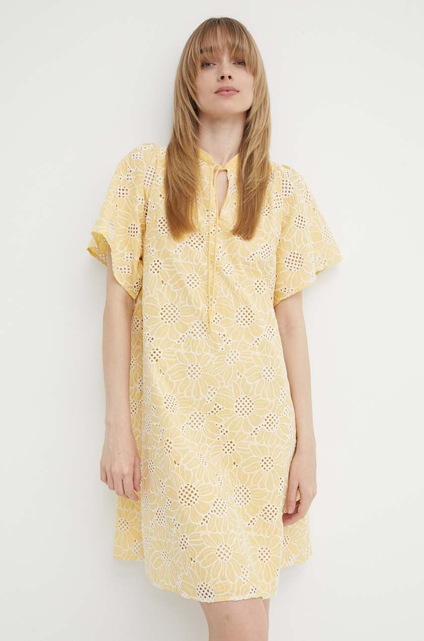 Bavlnené šaty Bruuns Bazaar WoodbineBBJulia dress žltá farba, mini, áčkový strih, BBW3948