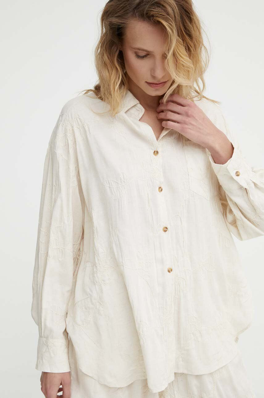 Ľanová košeľa Answear Lab béžová farba, voľný strih, s klasickým golierom