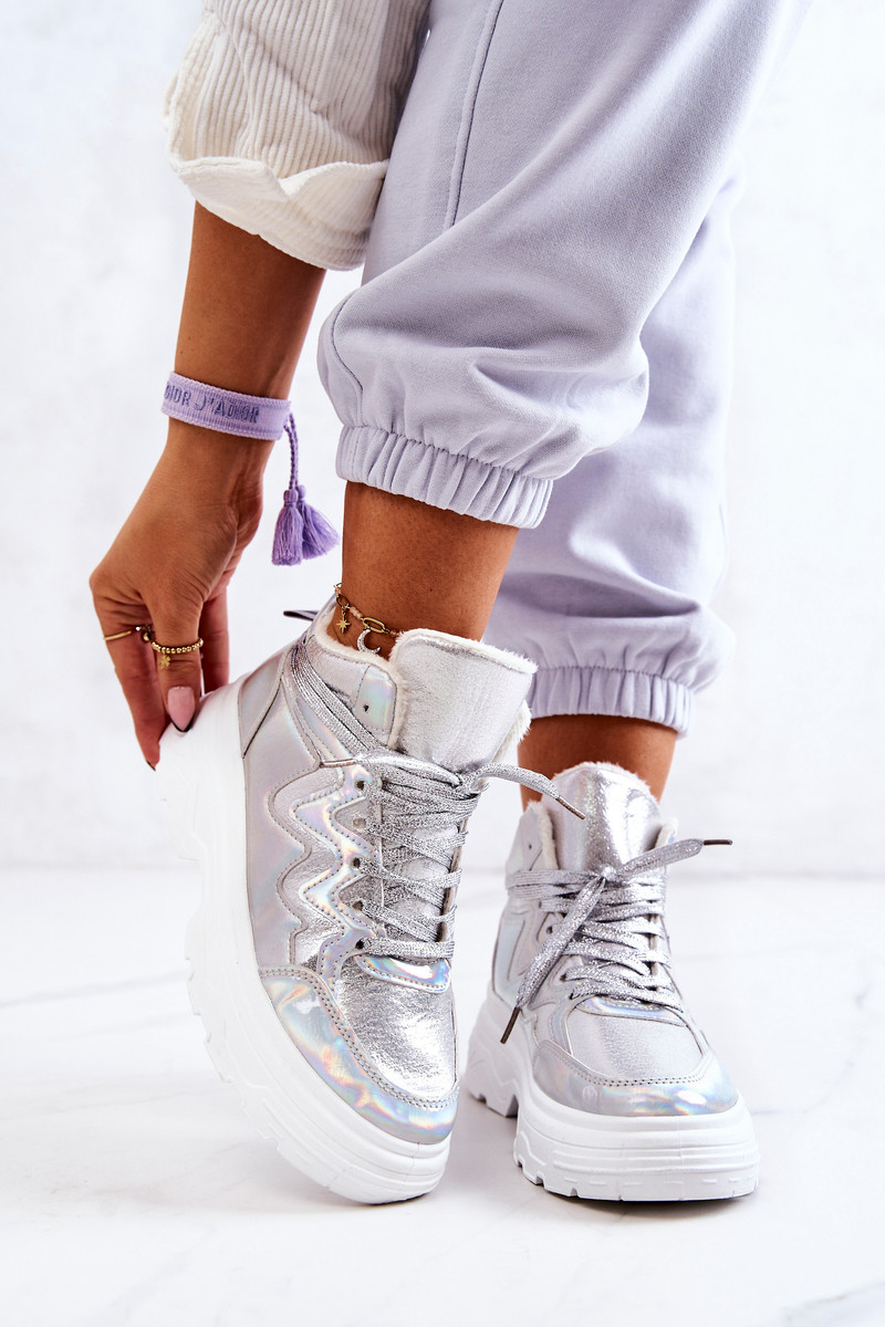 Lesklé strieborné zateplené sneakersy s hrubou podrážkou - 36