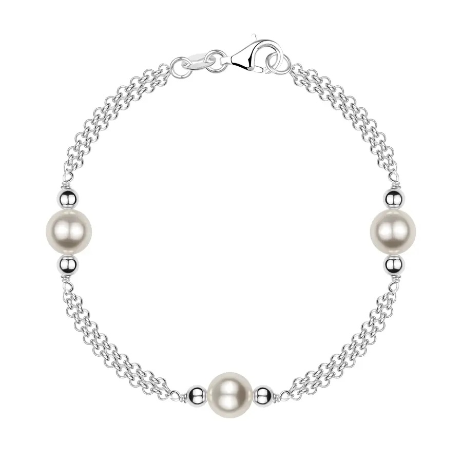 Strieborný 925 náramok - dvojitá retiazka, guličky, syntetické perly