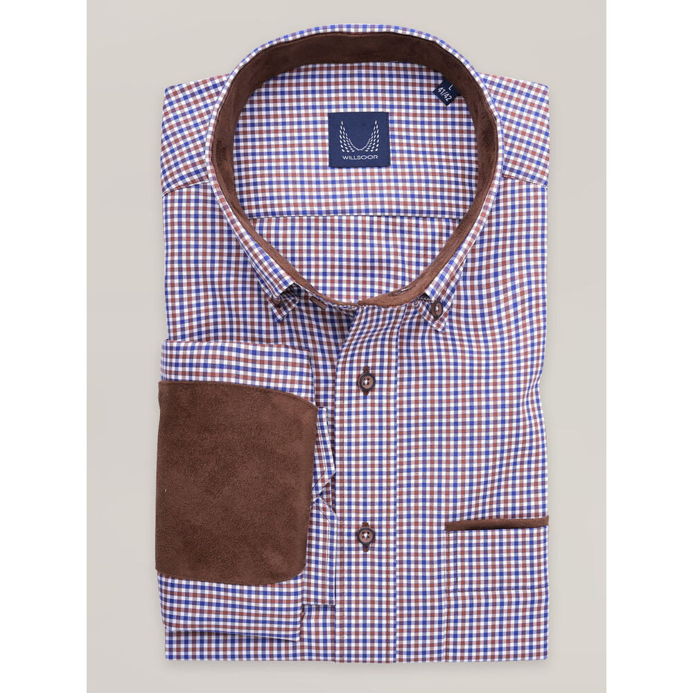 Pánska károvaná košeľa slim fit s hnedými záplatami na lakťoch 16871