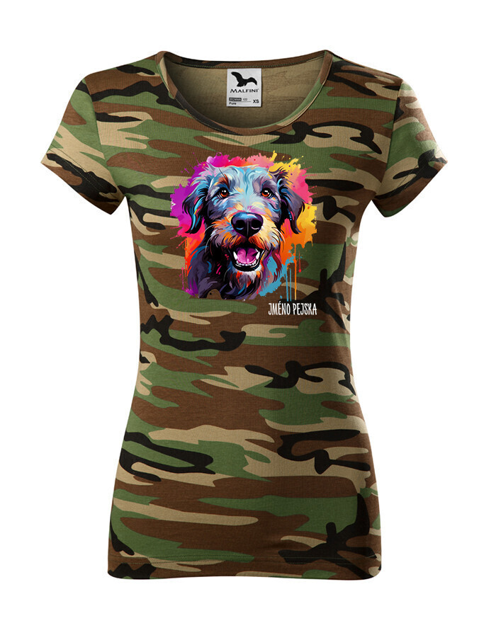 Dámské tričko s potlačou plemena Írsky vlkodav s voliteľným menom