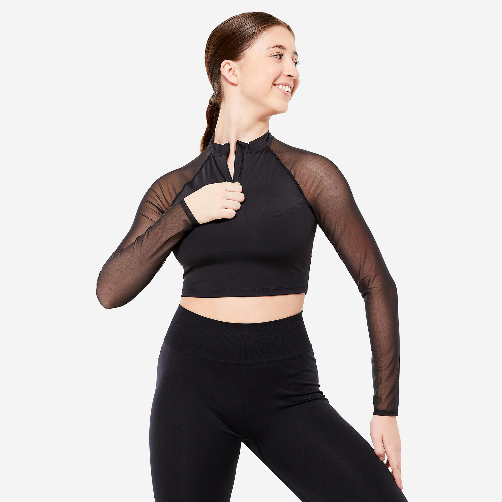 Dámsky crop top s dlhým rukávom a všitou podprsenkou na moderný tanec čierny