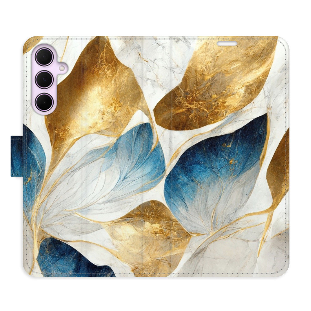 Flipové puzdro iSaprio - GoldBlue Leaves - Samsung Galaxy A55 5G