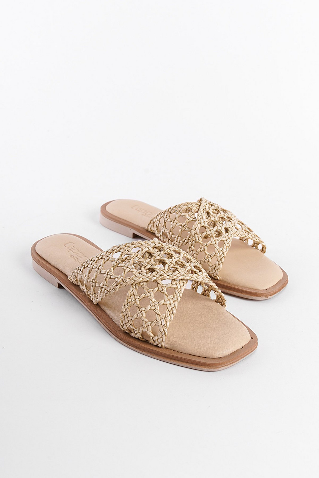 Capone Outfitters Genuine Leather Straw Mesh Cross Flat Heeled Women's Slippers