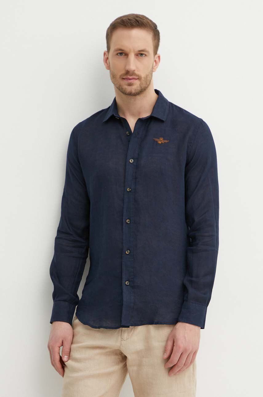 Ľanová košeľa Aeronautica Militare tmavomodrá farba, regular, s klasickým golierom, CA1239CT3089