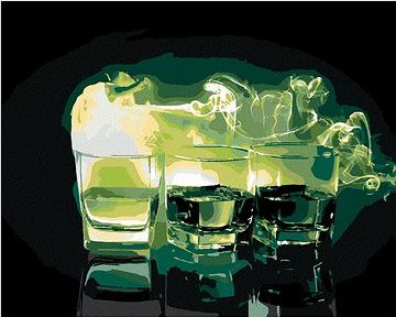 Tri poháre zeleného absinthu, 40×50 cm, vypnuté plátno na rám