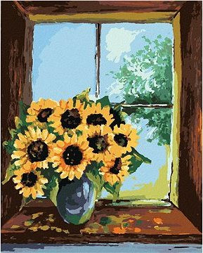 Slnečnice vo váze pri okne, 40 × 50 cm, plátno napnuté na rám