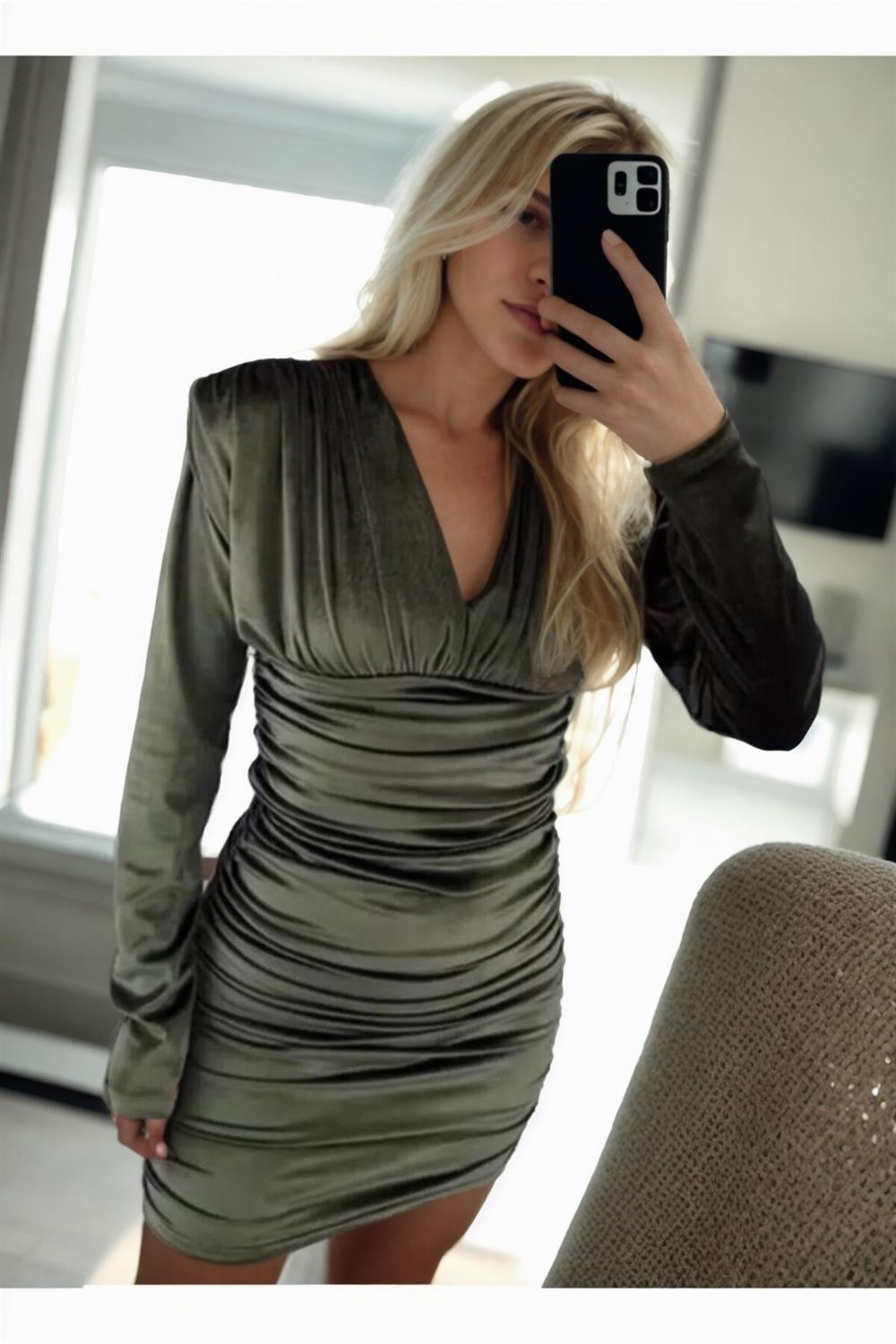 E0354 Dewberry Womens Shoulder Padded Draped Velvet Dress-Khaki