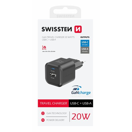 EKO NABÍJAČKA 20W 2-portová GaN (1x USB-C 20W PD + 1x USB-A 18W QC) Čierna