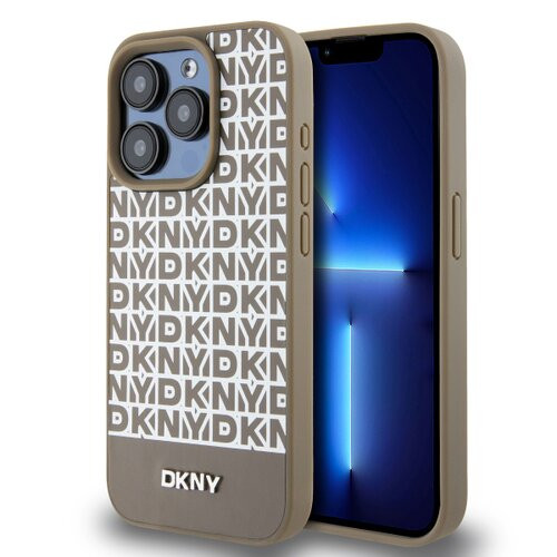 DKNY PU Leather Repeat Pattern Bottom Stripe MagSafe Zadní Kryt pro iPhone 13 Pro Max Brown
