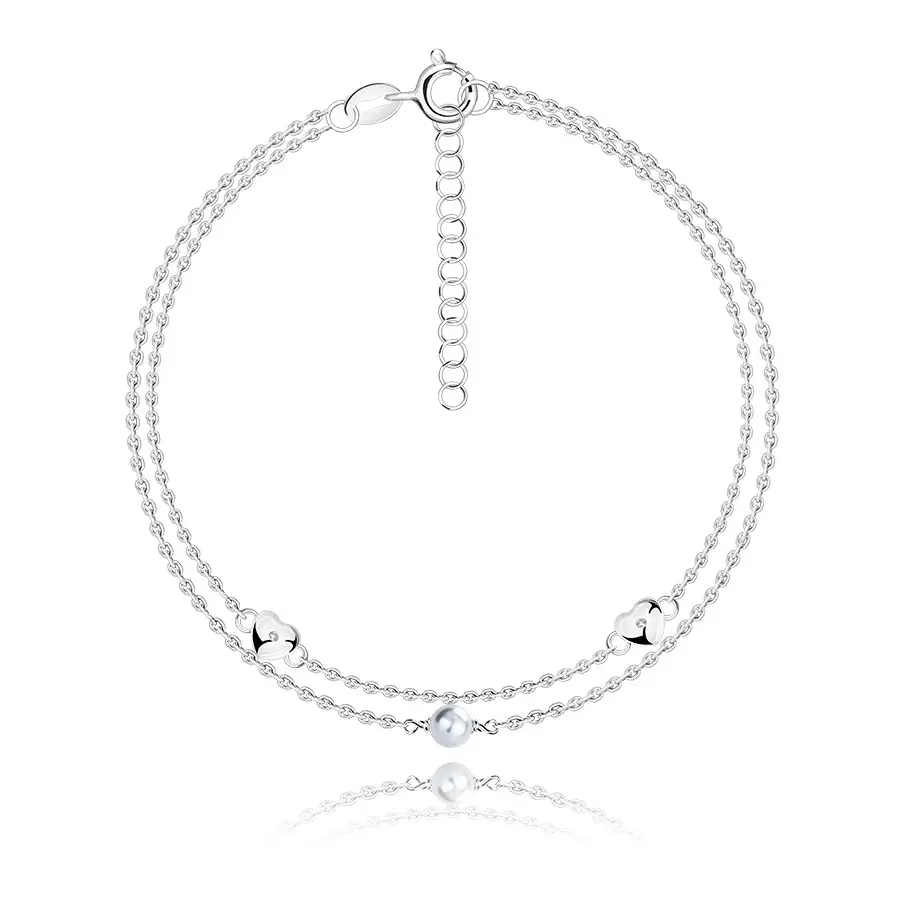 Zdvojený strieborný 925 náramok - syntetická biela perlička, vypuklé srdiečko, okrúhly zirkón