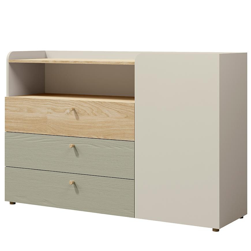 Komoda Yuki 8 eukalyptus/Sivá béžová/Olejovaný dub