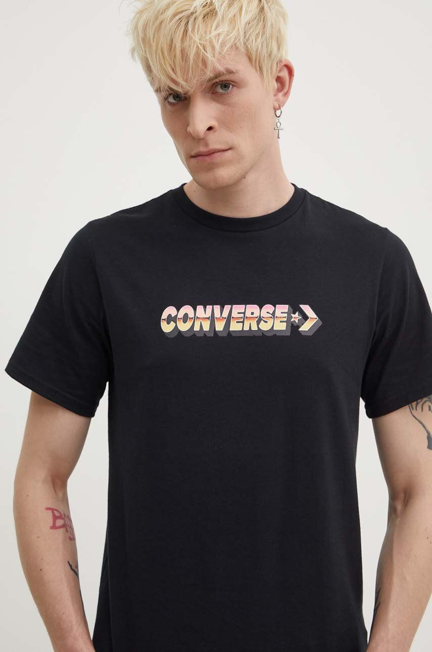 Bavlnené tričko Converse čierna farba, s potlačou, 10026416-A01