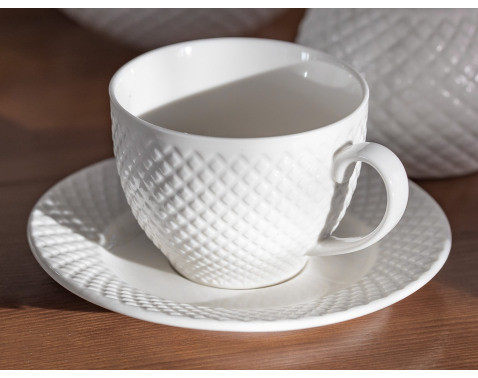 Šálka s podšálkou Diamond Line 220 ml, biely s reliéfem%