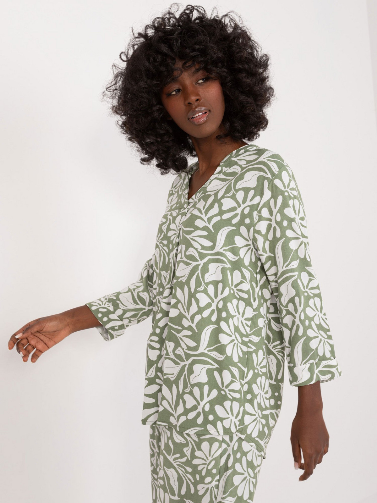 Khaki - white loose blouse with floral print SUBLEVEL