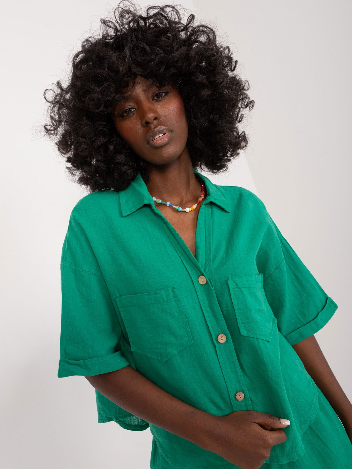Green oversize button-down shirt with collar