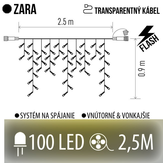 Zara spojovateľná led svetelná záclona vonkajšia flash - 100led - 2,5m teplá biela/flash prebliknutie studená biela - transparentný kábel