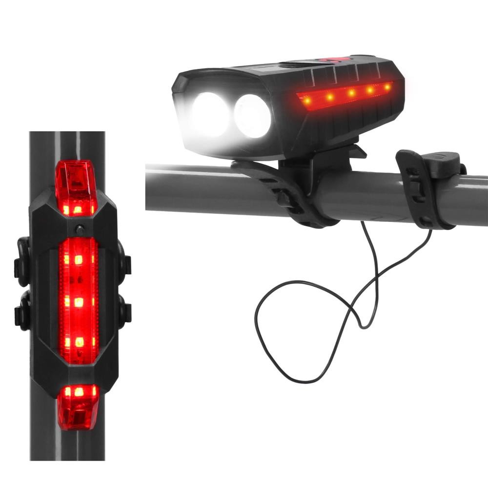 Springos Solárne predné a zadné svetlo na bicykel - USB - funkcia powerbanky + siréna
