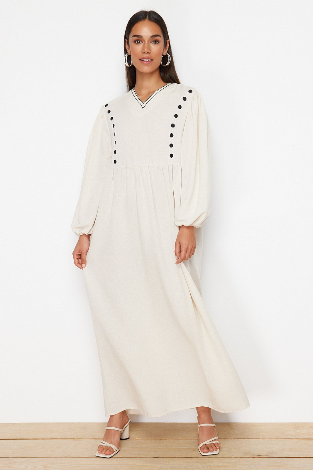 Trendyol Beige V-Neck Detailed Woven Linen Look Dress