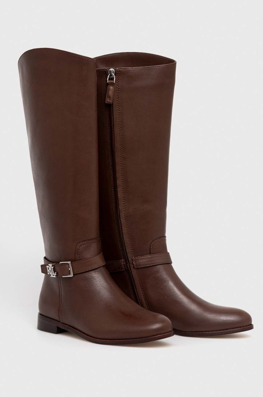 Kožené čižmy Lauren Ralph Lauren Brooke Tall dámske, hnedá farba, na plochom podpätku, 802937804003