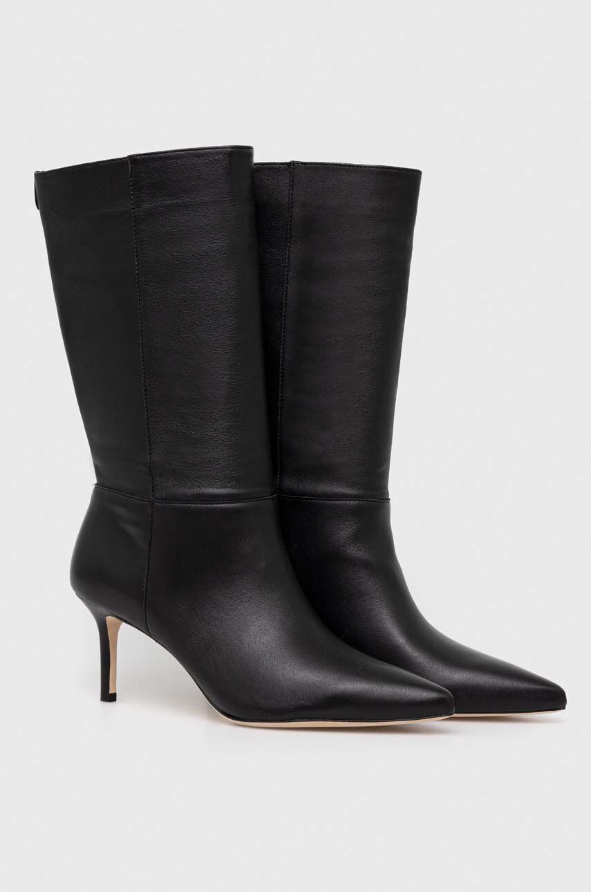 Kožené čižmy Lauren Ralph Lauren Leannah dámske, čierna farba, na vysokom podpätku, 802942516001