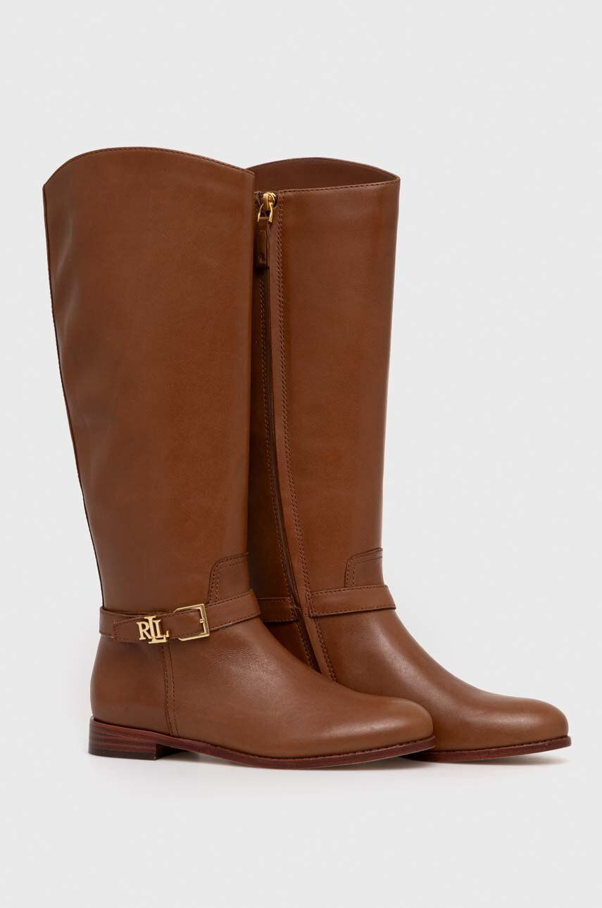 Kožené čižmy Lauren Ralph Lauren Brooke Tall dámske, hnedá farba, na plochom podpätku, 802937804002
