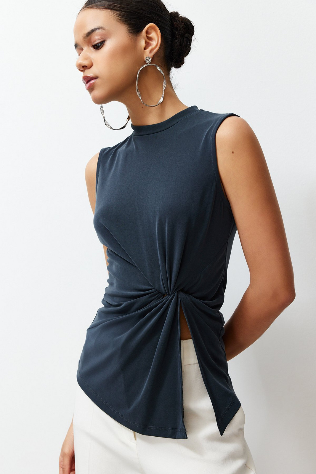Trendyol Anthracite High Collar Knitted Blouse with Ruffle and Slit Detail