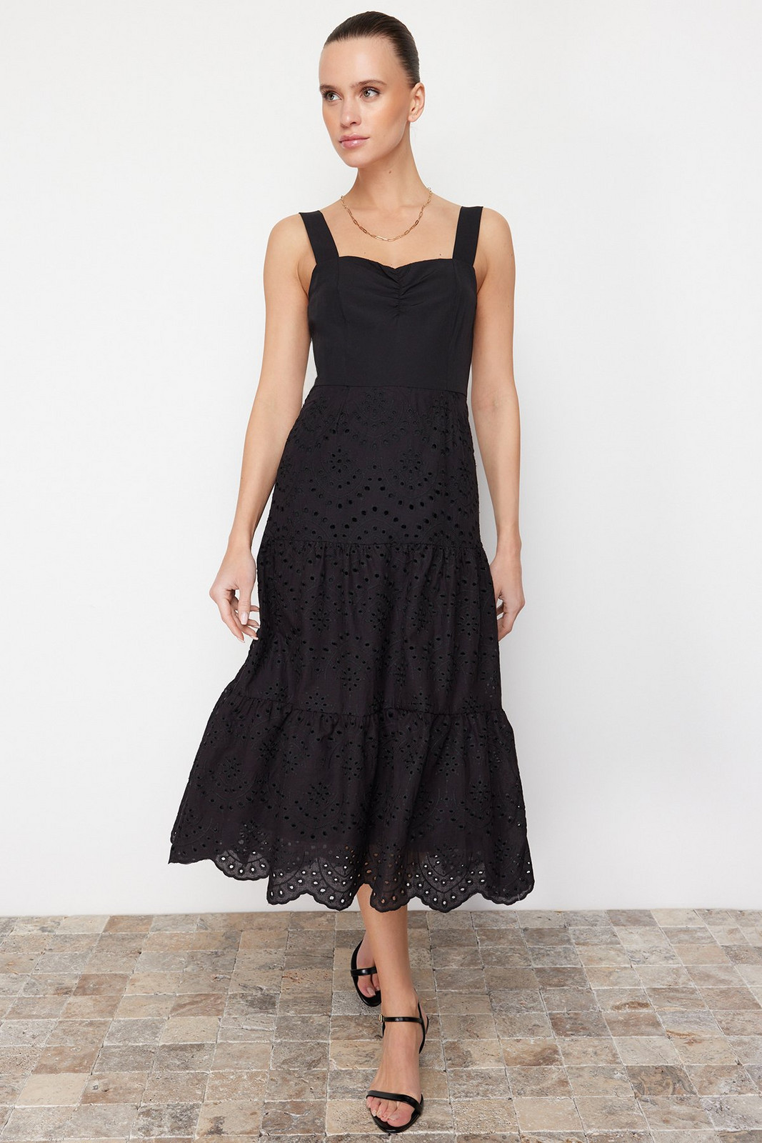 Trendyol Black Waist Opening Lined Midi Embroidery Woven Dress
