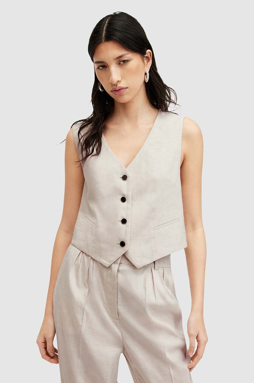 Ľanová vesta AllSaints WHITNEY WAISTCOAT béžová farba, jednoradová, W035QA