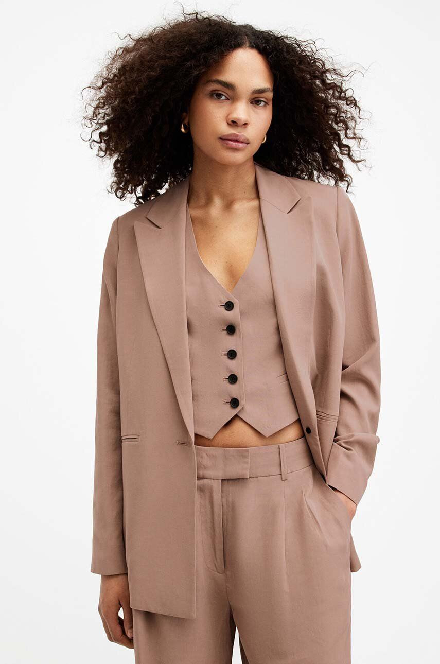 Sako s prímesou ľanu AllSaints DERI LYN hnedá farba, oversize, jednofarebné, WT521Z