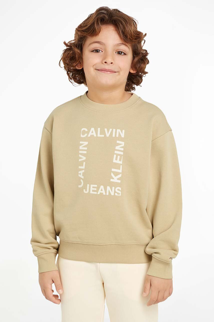 Detská bavlnená mikina Calvin Klein Jeans béžová farba, s potlačou, IB0IB02133