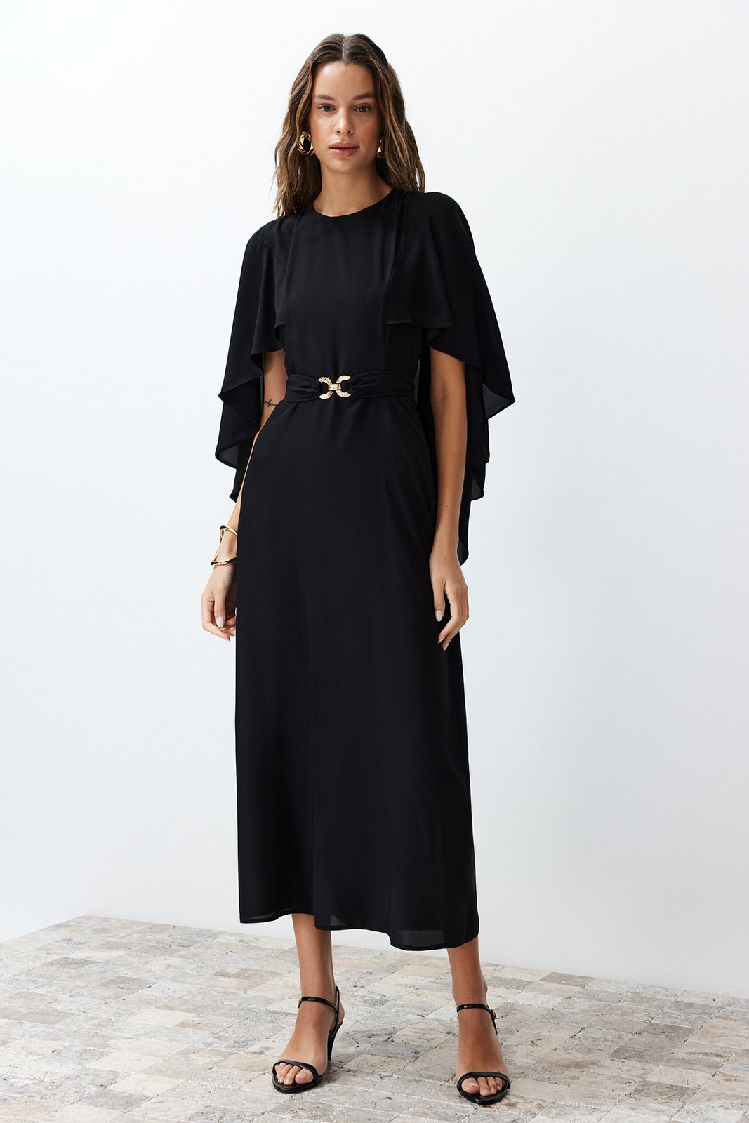 Trendyol Black Belted Cape Detailed Elegant Woven Evening Dress