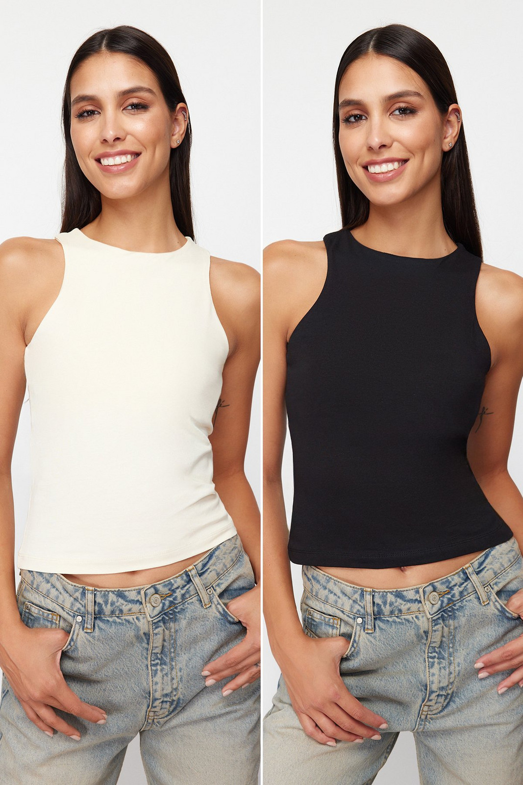 Trendyol 2-Pack Black-Stone Cotton Halter Neck Fitted Stretchy Knitted Undershirt