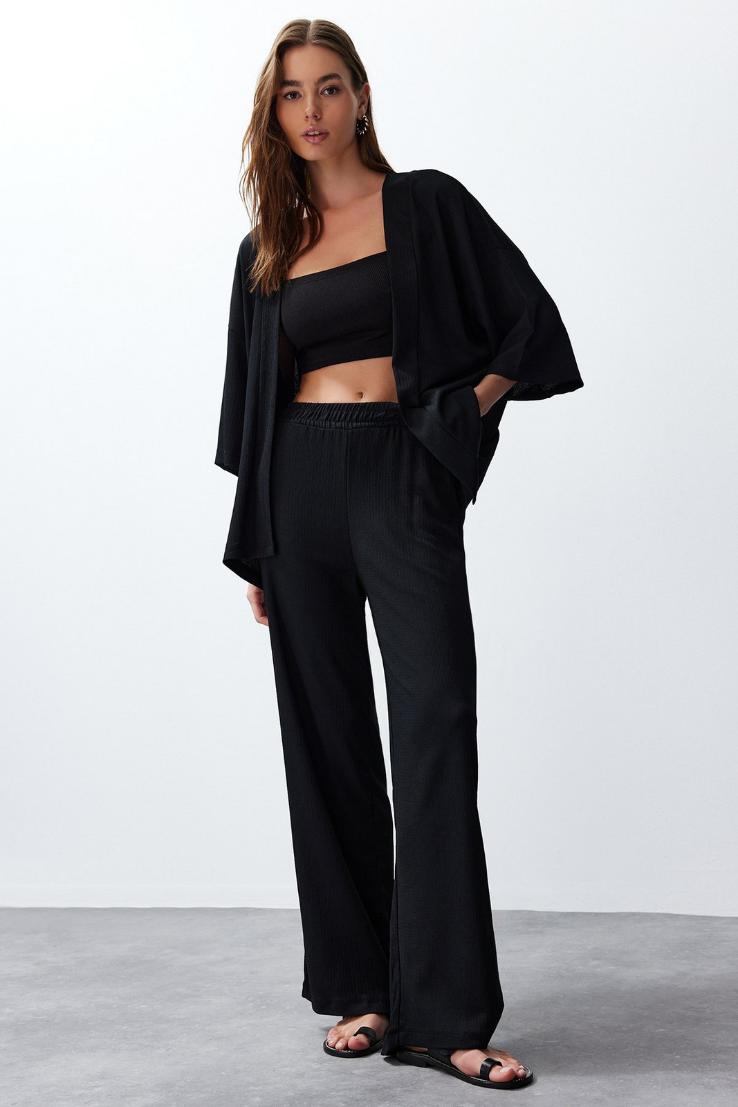 Trendyol Black Relaxed/Comfortable Cut Kimono Knitted Top and Bottom Set