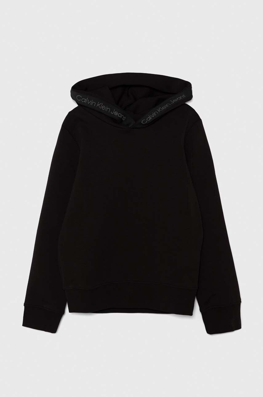 Detská mikina Calvin Klein Jeans čierna farba, s kapucňou, s potlačou, IB0IB02140