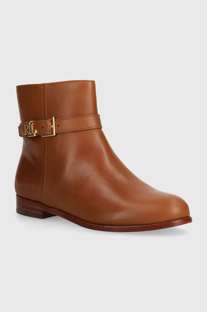 Kožené členkové topánky Lauren Ralph Lauren Brooke dámske, hnedá farba, na plochom podpätku, 802946807002