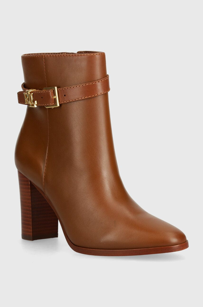 Kožené členkové topánky Lauren Ralph Lauren Bailey dámske, hnedá farba, na podpätku, 802937808002